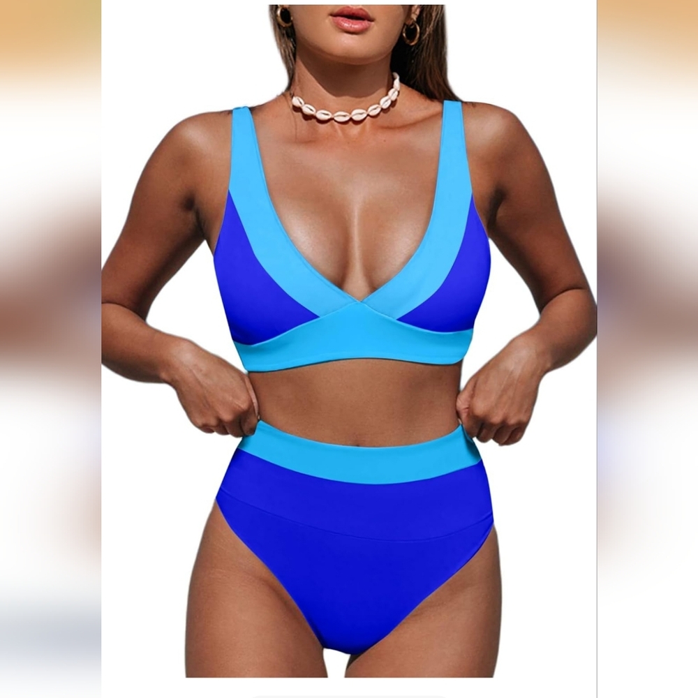 New Hilinker Bikini V Neck High Waisted 2 Piece Bathing Suit. Sz Large   (0)